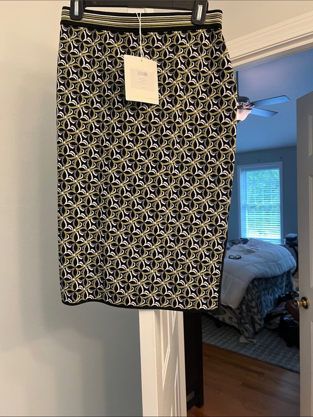 Diane Von Furstenberg Black Geometric Knit Pencil Skirt with Olive Accents